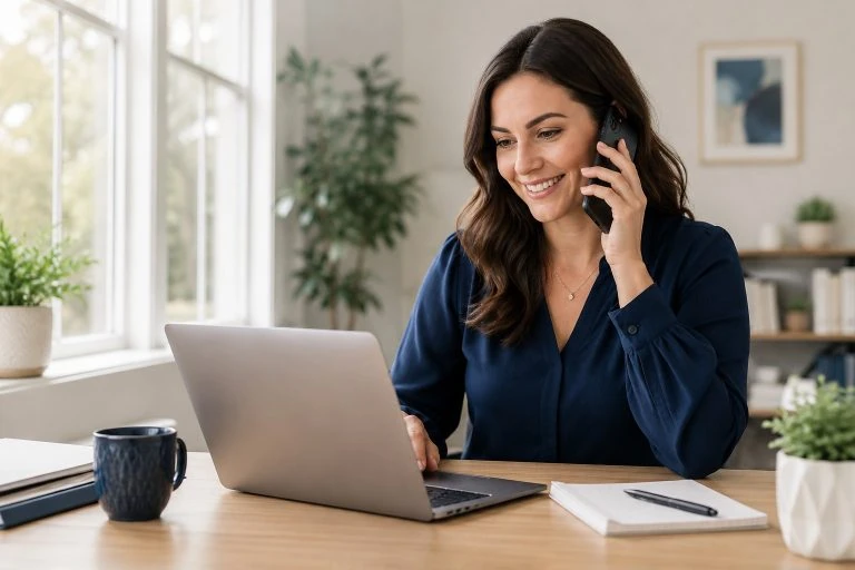 Bookkeeping professional reviewing financial reports while speaking with a small-business owner.