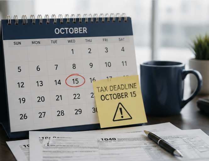October calendar marking the October 15 tax deadline beside organized business tax documents.