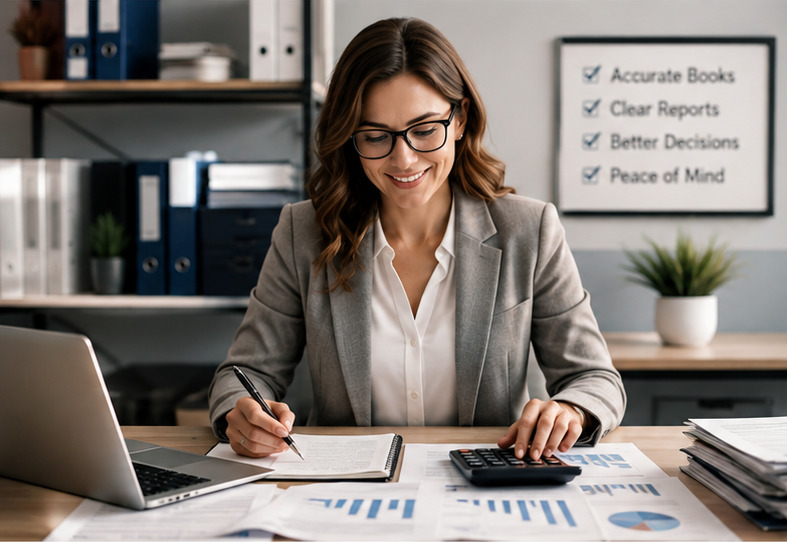 Bookkeeping professional reviewing small-business financial reports and account records.