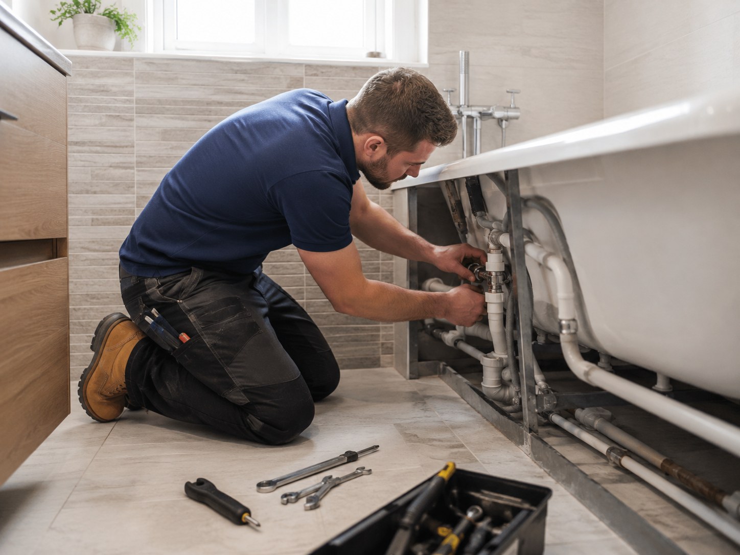 Home-service professionals performing work for a customer.