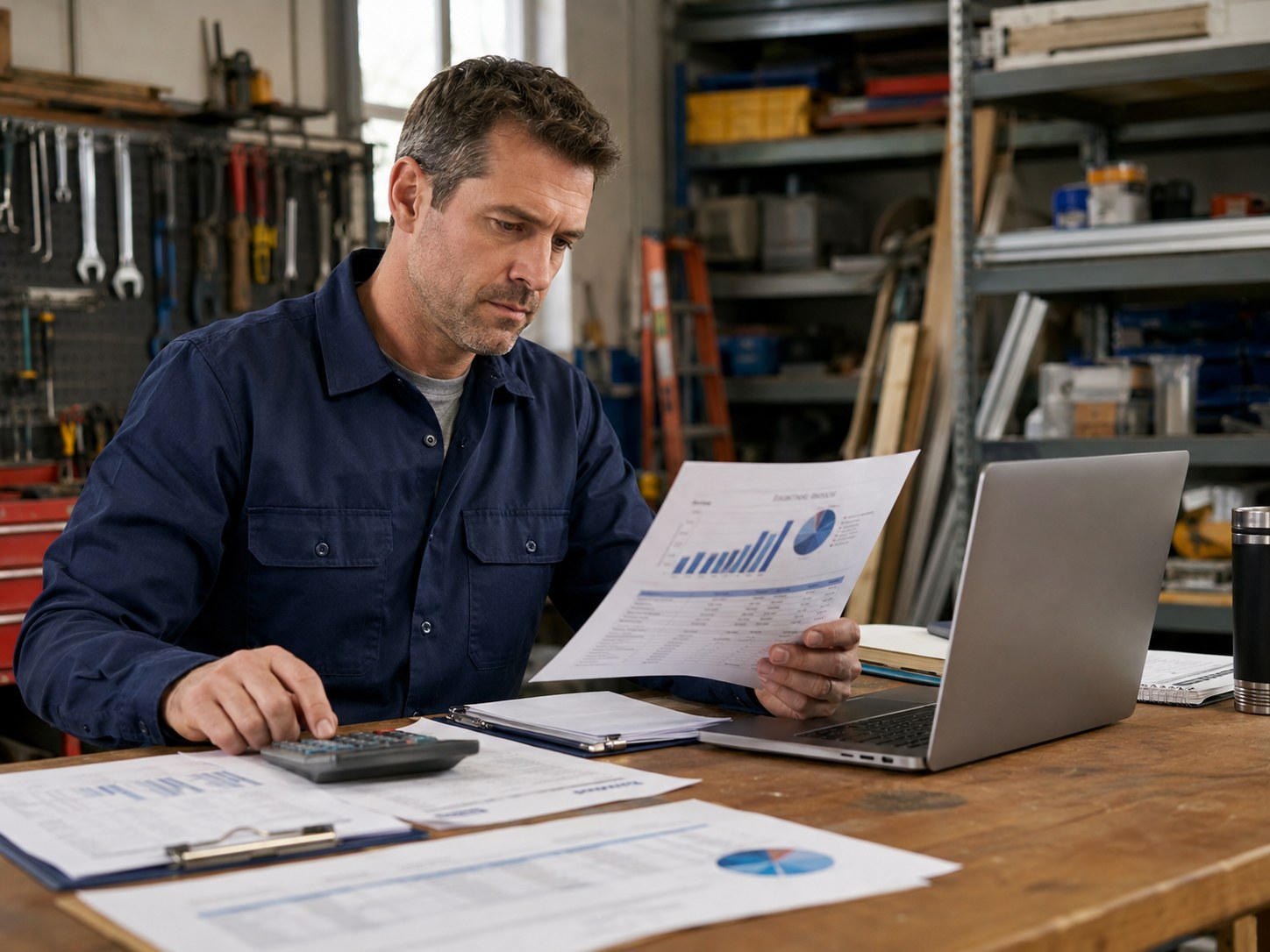 Contractor reviewing clear financial reports in a workshop office.