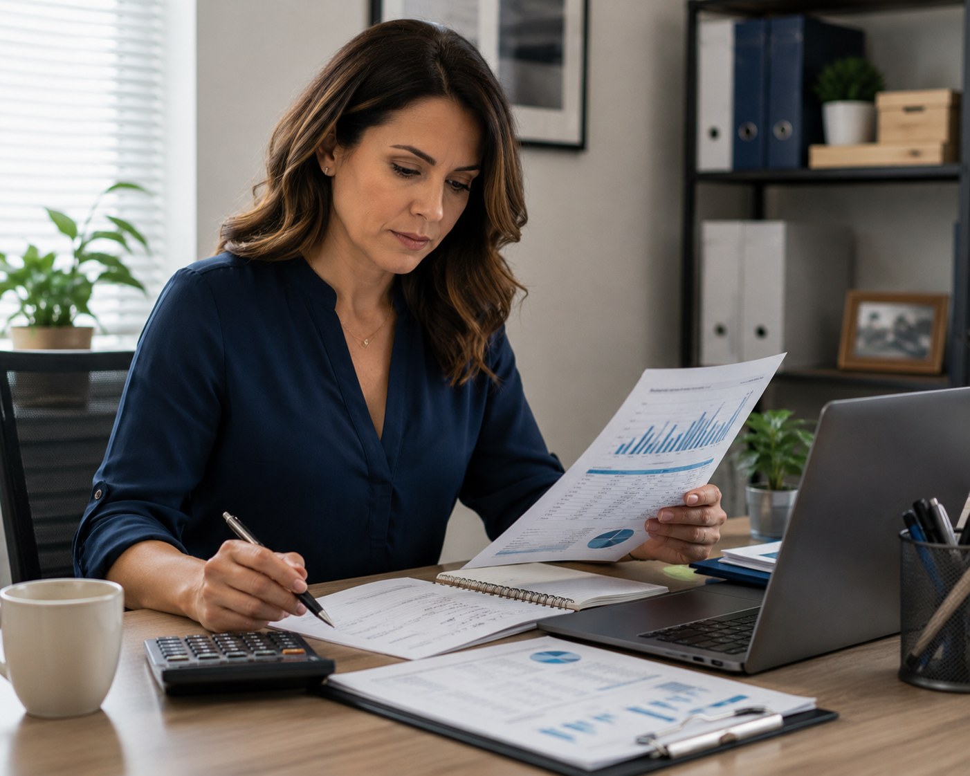 Small-business owner reviewing an organized profit report with confidence.