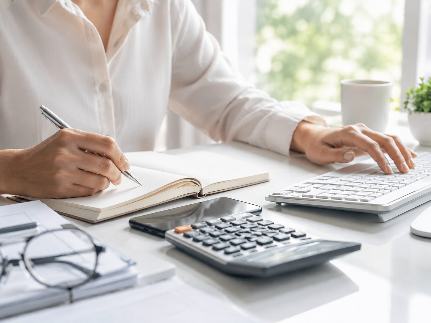 Bookkeeper reconciling business statements and month-end financial reports.