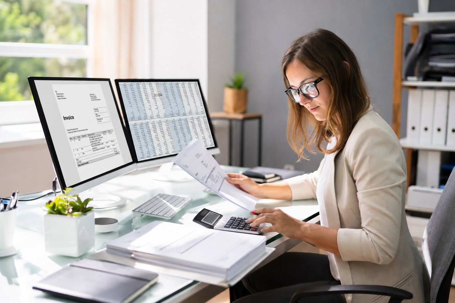 Bookkeeping professional helping a business owner review QuickBooks records.