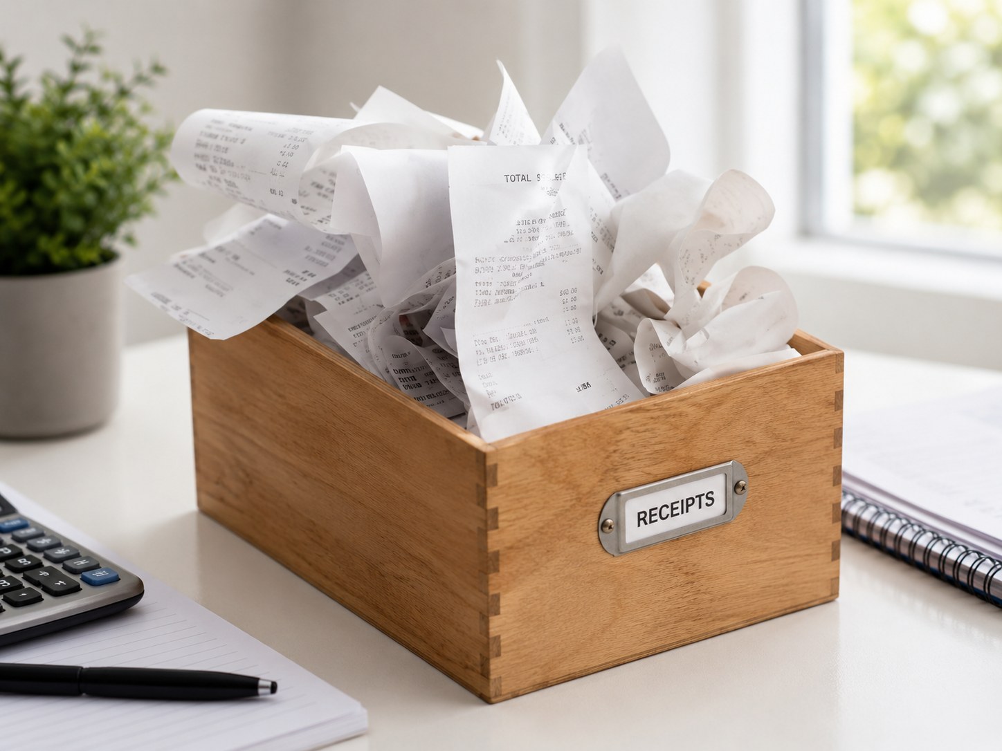 Small-business owner reviewing historical records for a multi-year bookkeeping catch-up project.