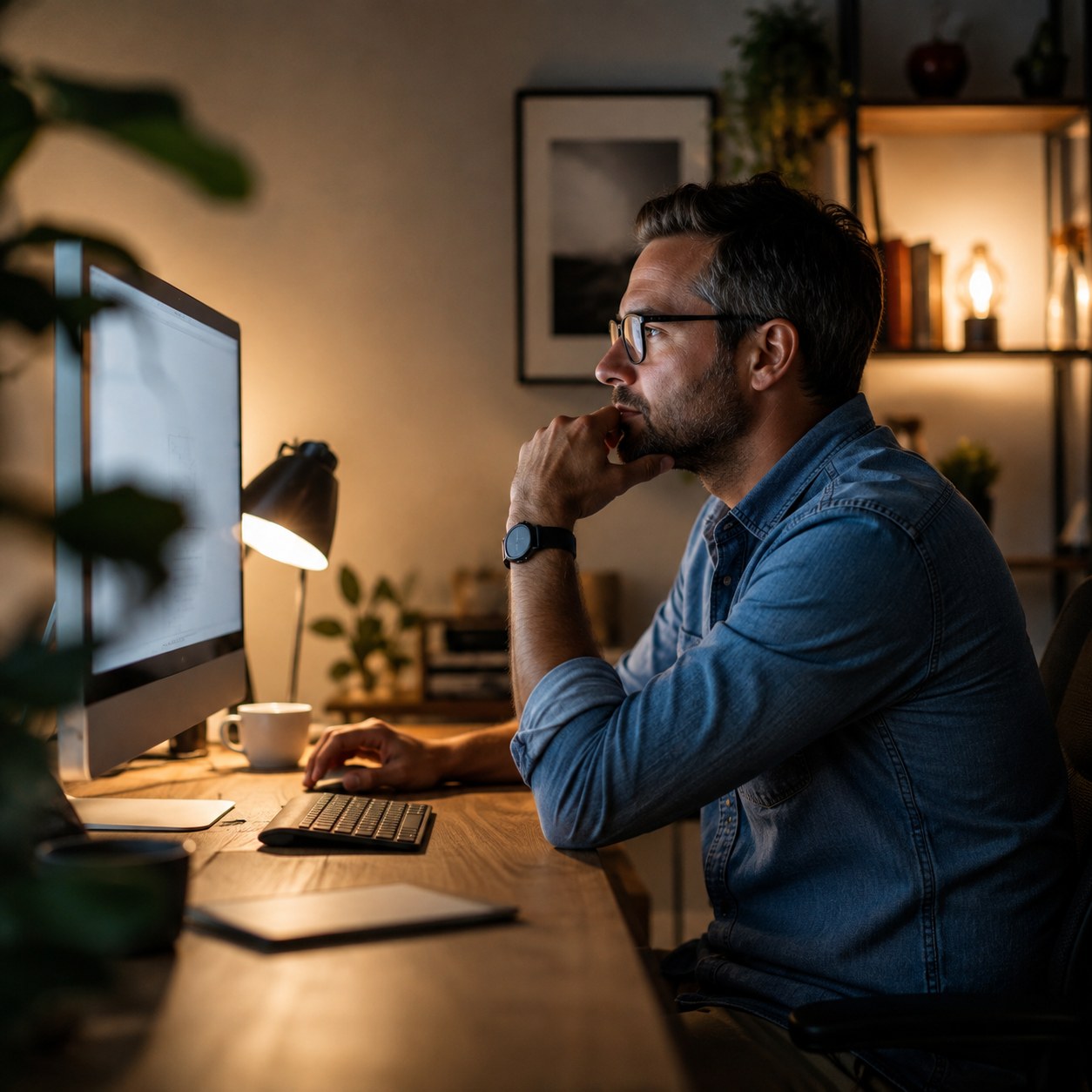 Home-service contractor finishing business paperwork after a day of field work.