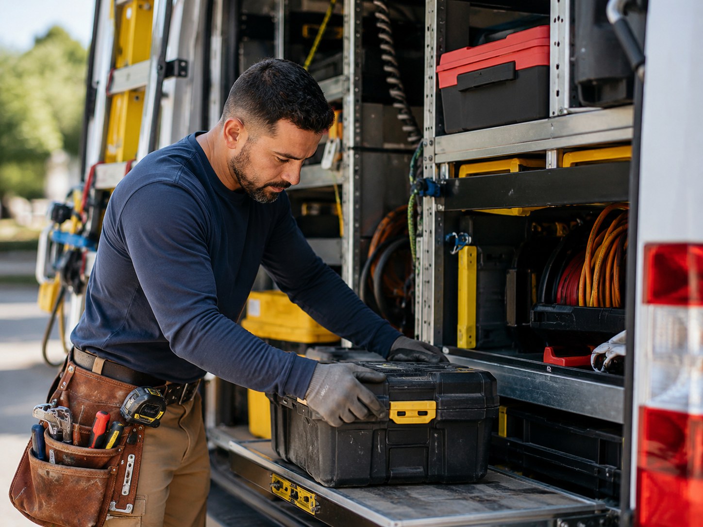 Small-business owner reviewing work equipment and purchase documentation.
