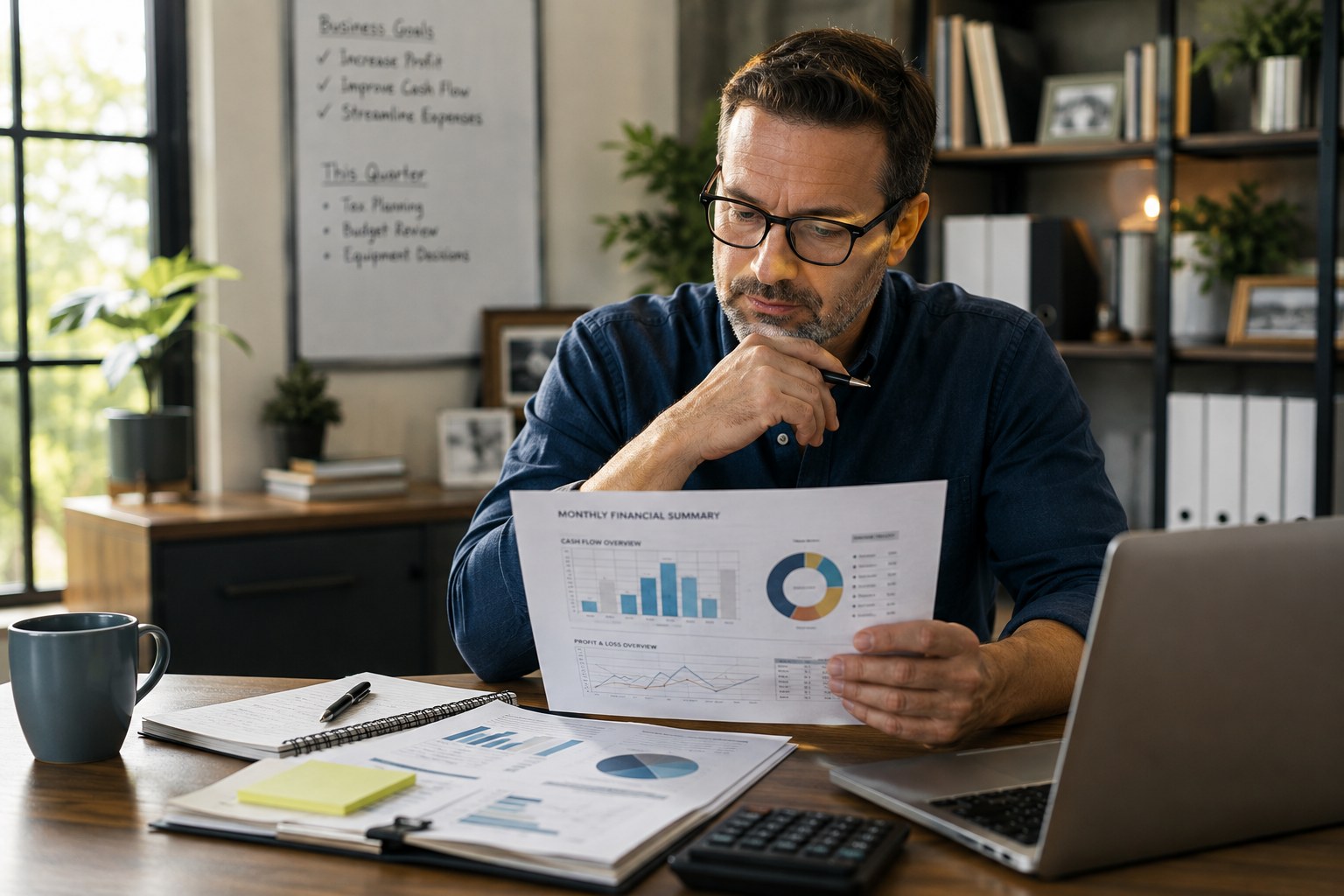Service-business owner reviewing organized financial reports with confidence.