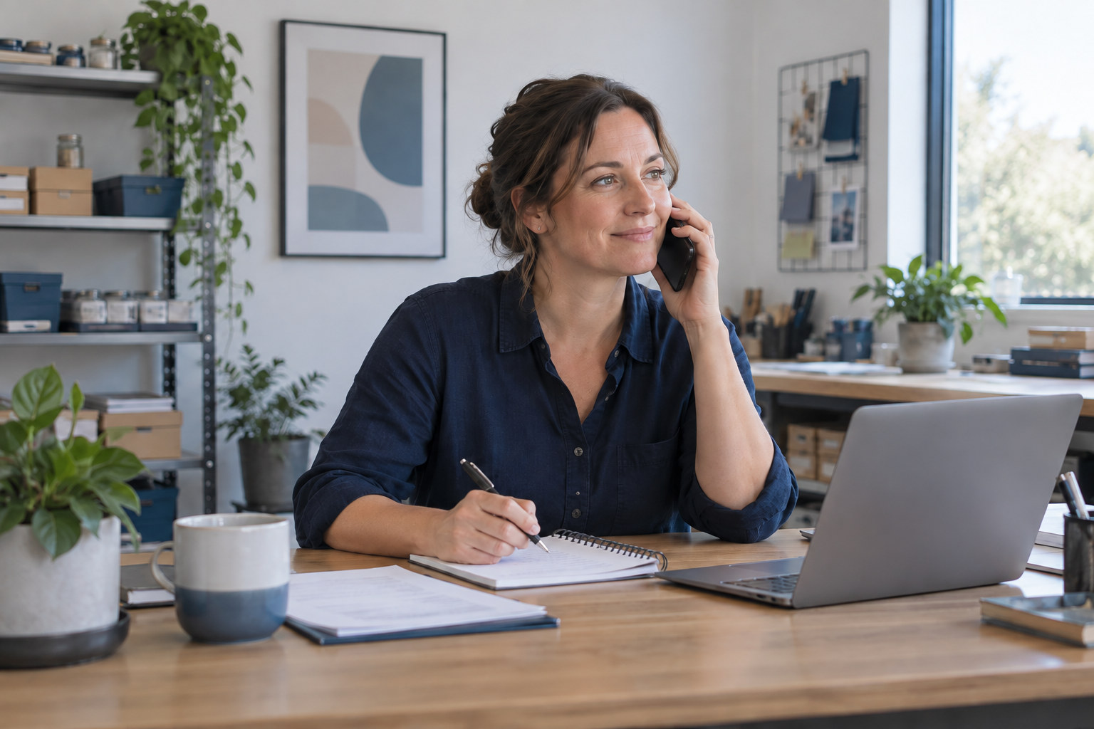Illustrative scene of a small-business owner making a consultation call beside a notebook and laptop.