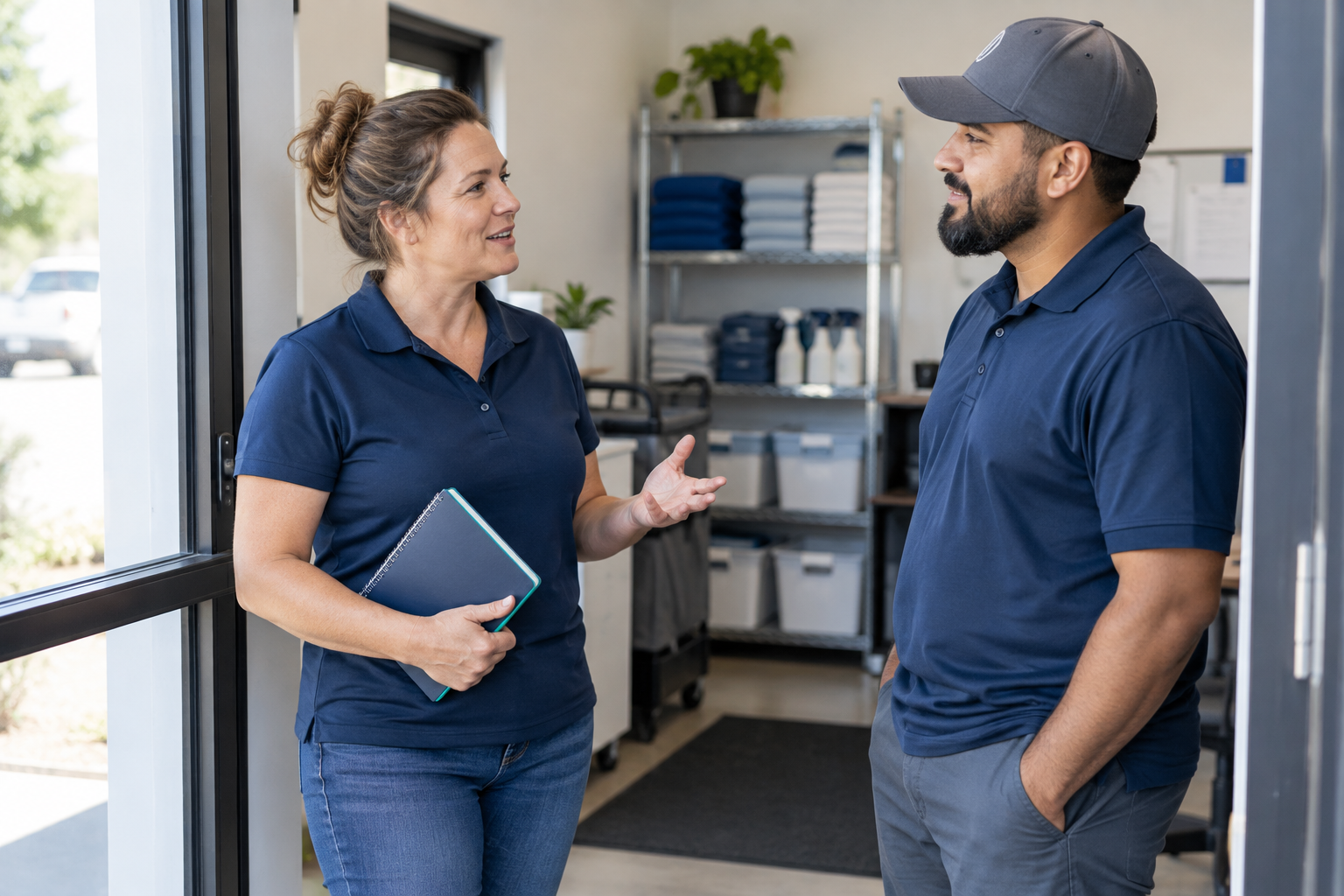 Cleaning business owner and colleague talking in an operations office doorway.
