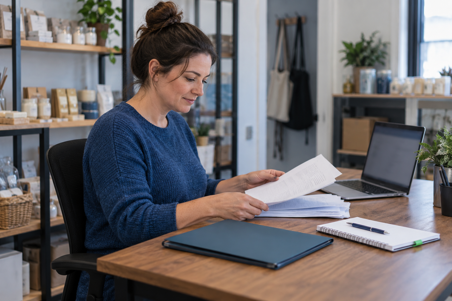 Small-business owner organizing documents beside a laptop in a private office.