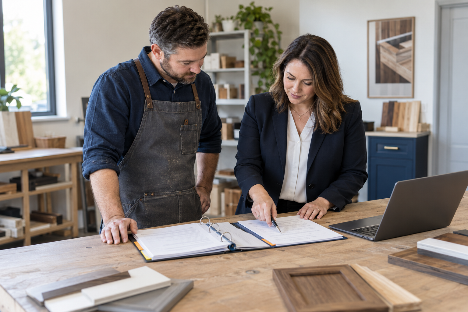 Small-business owner and tax professional reviewing organized filing records at a worktable.